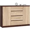 AKORD Cassettiera K 140 cm 4 Cassetti e 2 Ante | Moderna Mobiletto per Soggiorno Sala da Pranzo Camera da Letto Corridoio Bagno | Armadio Cameretta | Piano Laminato | Wengé/Sonoma
