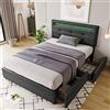 ZKLOEP Struttura letto 90 x 200 cm con illuminazione a LED e 2 cassetti, letto singolo, imbottito con testiera regolabile in altezza, rete a doghe in legno, grigio (senza materasso)