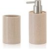 Inbagno Set Accessori Bagno in Resina Beige e bambù, Dispenser Sapone con Bicchiere portaspazzolini Serie Sahara