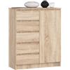 AKORD Cassettiera K80 con 1 Anta e 5 Cassetti | Mobiletti Ingresso Bagno | Armadio Cameretta | Comodino | Design moderno | 80x35x97 cm | Quercia Sonoma