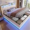 HOXINBLY Letto Matrimoniale con Contenitore 160x200 cm con LED e USB, Letto imbottito una piazza e mezza con Testiera e Vano Portaoggetti,con rete a doghe, Struttura in tessuto di lino beige.