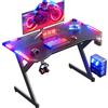 HLFURNIEU Scrivania Gaming LED 100 x 60 cm, Scrivania Gamer con Piano in Fibra di Carbonio, Postazione Gaming Ergonomico con Porta Bicchiere e Gancio per Casco, Tavolo Computer Nero