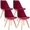 CLP Set di 4 sedie da pranzo Linares in plastica I in tessuto I in velluto I in corda I in pelle I poltrona con struttura in legno, Colore:rosso, Materiale:Velluto