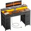 HLFURNIEU Scrivania con 8 Tessuto Cassetti, Tavolo Gaming con Presa di Corrente & Porta USB, Scrivania PC Salvaspazio con LED, Tavolo Ufficio con Supporto per Monitor (Nero, 120 × 50 cm)