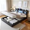 JYNVO Letto imbottito 140 x 200 cm, con vano portaoggetti, letto con illuminazione a LED, porta USB, spazio integrato nella testiera, rete a doghe, letto per ragazzi, letto idraulico, nero, in pelle PU