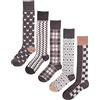 CAMILIFE Confezione da Cinque Ragazze Donna Gambaletto Calze Alte a Maglia Vintage Retrò Stile College Britannico Marrone Collezione per 35-39 - Motivo Cuore & Argyle & Quadretti A & Quadretti B & Quadretti C