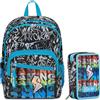 SJ Gang SJ Ever Set Zaino Scuola con Astuccio, Nero e Azzurro, Design Graffiti, Doppio Scomparto con Tasca Porta Borraccia, Astuccio 3 Zip Completo
