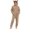 Duohropke Tuta da donna invernale accogliente monopezzo taglie grandi lunga pigiama soffice teddy pile overall calda peluche onesie tuta intera tuta casa con orecchie d'orso cappuccio, cachi, S