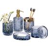 EMPO, Set di 6 accessori da bagno in vetro (dispenser per sapone/lozioni, portasapone, portaspazzolino, bicchiere, contenitore per cotton fioc), dallo stile contemporaneo, moderno, vintage (6 pz, blu)