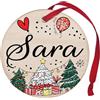Corredino Neonato Pallina di Natale Personalizzata con Nome Sara, cerchetto piatto per Decorazione Natalizia con Nastro Rosso - made in Italy - Addobbo Albero diametro 8 cm in Legno, nome Sara