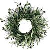 Feeshoppher Ghirlanda di ulivo verde artificiale, 35 cm, decorazione per porta d'ingresso, con base in rattan naturale e foglie realistiche, per tutto l'anno in fattoria, portico, parete, finestra o