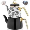 Vissmarta Set di teiera turca vintage per piano cottura, infusore decorativo per feste, bicchieri, fiori, bollitore samovar, foglie sfuse, stile cucina smaltata, decorazione smaltata (bianco-nero)