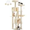 PETEPELA Tiragraffi, grande torre da gioco, con 6 tiragraffi, 2 piattaforme, 2 cucce per cani, 1 amaca, 2 pompon, tessuto di peluche, multi-livello, 180 cm, beige