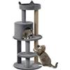 PawHut Albero Tiragraffi per Gatti a 3 Livelli 48x48x104 cm Grigio | Trespoli, Casetta, Pallina Appesa, in Legno, Sisal e Peluche