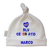 Zigozago - Cappellino Cuffia con nodo centrale in Cotone per neonato con ricamo Cuore Blu Cerchiato | Fatto a Mano | Personalizzabile con Nome Ricamato, Bianco e Blu, Taglia 0-6 e 6-12 Mesi