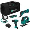 VONROC Set attrezzi a batteria VPower 20V. Include trapano, seghetto alternativo, lampada da lavoro LED, 1x batteria 2.0Ah, caricatore rapido e borsa (3 attrezzi 2x 2.0Ah)