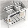 Locuetyn Lavello da cucina a doppia vasca, in acciaio inox 304, con ripiano portaoggetti, lavello autoportante per esterni, con rubinetto, per lavanderia, 83 x 44 x 85 cm