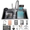 KOOGIMDDR 75×50cm cascata lavello cucina acciaio inox set, lavello cucina 1 vasca multifunzionale ampio con cascataterraneo rubinetto, nero moderno set di lavello da incasso