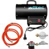 Wiltec Generatore di calore a gas GPL, 15 kW 30 W 320m³/ora, cannone aria calda con avviamento piezoelettrico, incluso riduttore di pressione del gas per la Spagna 700 mbar con tubo da 1,5 m