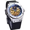 FORSINING Orologio da uomo a carica automatica con cinturino in silicone nero scheletro retrò fase lunare grande quadrante meccanico, argento, Bracciale