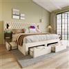 Kebnor Set completo per camera da letto, letto imbottito, letto matrimoniale con 2 comodini e 4 cassetti, testiera con funzione di ricarica USB, velluto (senza materasso) (beige, 180 x 200 cm)