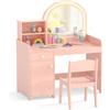 LIFEZEAL 2 in 1 Tavolo da trucco per bambini con sedia, tavolo da trucco ragazza con specchio LED e armadietto, tavolo da toeletta in legno con cassetto e scaffale, 3+ anni, carico di 50 kg (rosa