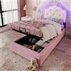 Lubvtti Letto imbottito 90 x 200 cm con luce ambiente,letto singolo con contenitore, forma a corona di principessa,letto per bambini 90x200 con rete a doghe,PU,senza materasso,rosa