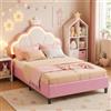 BLSYHDH Letto per bambini, Letto imbottito 90x200 cm per bambini LEtto imbottito per bambini Corona da principessa con LED LeTto singolo con testiera e rete a doghe LettO per ragazze (rosa+bianco e flanella)