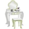 ZONEKIZ Set Toeletta con Specchiera Trucco per Bambina con Sgabello Abbinato, Tavolo Toeletta in Legno con Cassetto e Contenitori, Specchio a Fiore, Bianco
