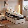 JiaOyu Letto Singolo 90x200 con Contenitore e Sollevamento Idraulico,Letto Imbottito in Lino Beige, Letto con Rete a Doghe e con testiera regolabile, Letto per Bambini Ragazzi e Adulti, senza materasso