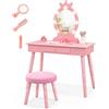 LIFEZEAL Specchiera Trucco Bambina, con 7 LED, 3 Colori di Luci, Postazione Trucco Bambina, con Sgabello Imbottito, Cassetto e Specchio di Corona, Toeletta Trucco per Bimbi 3-7 Anni (rosa)