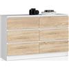 AKORD | Cassettiera K-120 con 6 (2 x 3) Cassetti | Moderna Mobiletto per Soggiorno Sala da Pranzo Camera da Letto Corridoio Bagno | 120x77x40 cm | Peso 43kg | Bianco/Rovere Sonoma