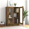 Homgoday Espositore in vetro con 3 scomparti, 2 porte, per soggiorno, soggiorno, sala da pranzo, credenza, cucina, armadietto, legno di rovere affumicato, 82,5 x 30,5 x 115 cm