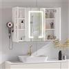 ChromaCasa Specchio Bagno Contenitore con 3 Colori Luce e 2 AC/3 USB, Armadio Specchio Bagno con Deumidificazione con 1 Tocco e Funzione di Memoria con Mensola Regolabile (80 x 60 x 16 cm, bianco)