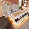 TIZZ Letto imbottito 160 x 200 cm, letto matrimoniale con App Control LED e funzione di ricarica USB-C, struttura del letto con rete a doghe, lino, beige, senza materasso e comodino