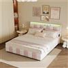 HYTKKBD Letto matrimoniale 140 x 200 cm con luci a LED e porta USB, Letto imbottito rosa con 4 cassetti, Telaio per letti matrimoniale con rete e testiera, Letto contenitore senza materasso