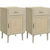 HOMCOM Set di 2 Comodini per Camera da Letto con Cassetto e Anta in Rattan Stile Boho, Tavolini da Salotto Effetto Legno Naturale