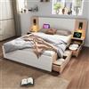KAZZIO Letto matrimoniale in legno con 2 cassetti, testiera, luce da lettura con funzione di ricarica USB, letto moderno con 2 comodini, struttura del letto e rete a doghe in rovere/bianco (funzione di