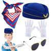 Wusideday Set di 4 accessori per costume da hostess della compagnia aerea, Fli-ght Costum con cappello Fli-ght guanti sciarpa in raso, accessori per costume cosplay per Halloween e carnevale