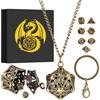 Keller & Weber Mini Set di Dadi DND con Portachiavi Portatile, Collana, Gabbia Metallica Vuota D20 con Diamante Verde, Mini Set Poliédrici in Metallo da 7 Pezzi, Regali D&D con Scatola, Accessori per Giochi, Bronzo