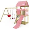 Wickey Parco giochi DinkyHouse con estensione dell'altalena - con scivolo & telone rosa pastello - Torre di arrampicata per bambini per il giardino in legno massiccio - 303x317x247 cm