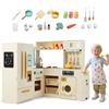 HOMASIS Cucina Angolare in Legno, Cucina Giocattolo con Luci e Suoni, inclusi 22 Accessori, Cestino della Spazzatura, Lavandino, Macchina del Gelato, Frigorifero, Lavatrice, per Bambini da 3+ Anni