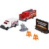 Matchbox Hitch & Haul - Set da gioco in pressofusione con veicolo antincendio, set da 6 pezzi, camion e ambulanza, include pompieri, cartellone per le affissioni e 2 barriere di sicurezza