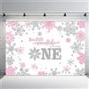 MEHOFOND MEHOFOTO - Fondale fotografico invernale per ragazza, con scritta Happy First One e fiocchi di neve, colore: rosa, argento, decorazione per feste invernali, per studio fotografico, 18 x 1,5 m