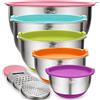 Wildone Set di 5 ciotole colorate in acciaio inox con 3 attacchi per grattugia, segni di misurazione e fondo antiscivolo, dimensioni 5, 3, 2, 1,5, 0,63 QT, ideali per mescolare e servire