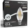 Eurocali 5 x Lampadine LED a filamento E14 6W Trasparente (600 lumen equivalenti a 45W) - Forma: Candela - Luce Bianco Caldo 3000K - Fascio Luminoso 300°