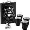 Maverton Fiaschetta nera in metallo - incisione personalizzata - 200ml - in acciaio inossidabile - 4 bicchieri e mini imbuto - dimensioni 15,5cm x 9,5cm - pensiero per uomo - l'elisir d'amore