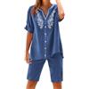 Generic Co Ord Set da donna estivo in cotone e lino, 2 pezzi, scollo a V, maniche corte, con bottoni, gamba larga, pantaloncini al ginocchio con tasche, abbigliamento da spiaggia e vacanze, Blu, XL