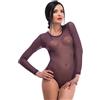 Evoni - Body da donna a maniche lunghe, in tulle trasparente, con scollo rotondo, con maniche lunghe, diversi colori e misure, con ganci di chiusura Lilla S