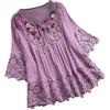 Generic Maglietta estiva da donna in pizzo con maniche a sette quarti alla camicetta con lacci a fiori top allentato casual retrò t-shirt oversize leggera alla maglietta retrò da festa maglietta